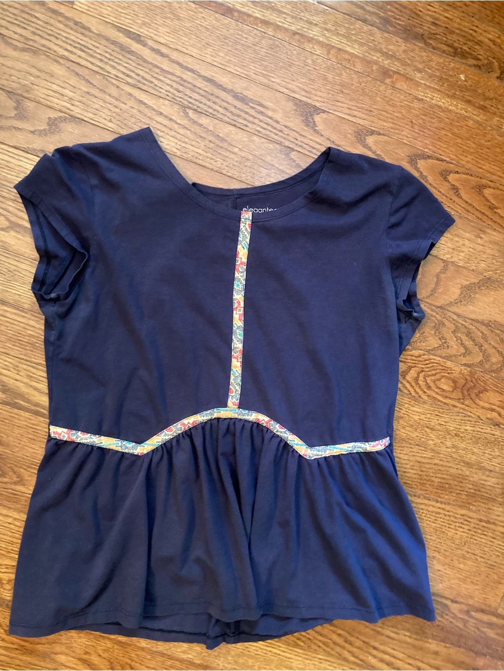 elegantees Navy Short Sleeve Peplum Tee with Contrast Trim